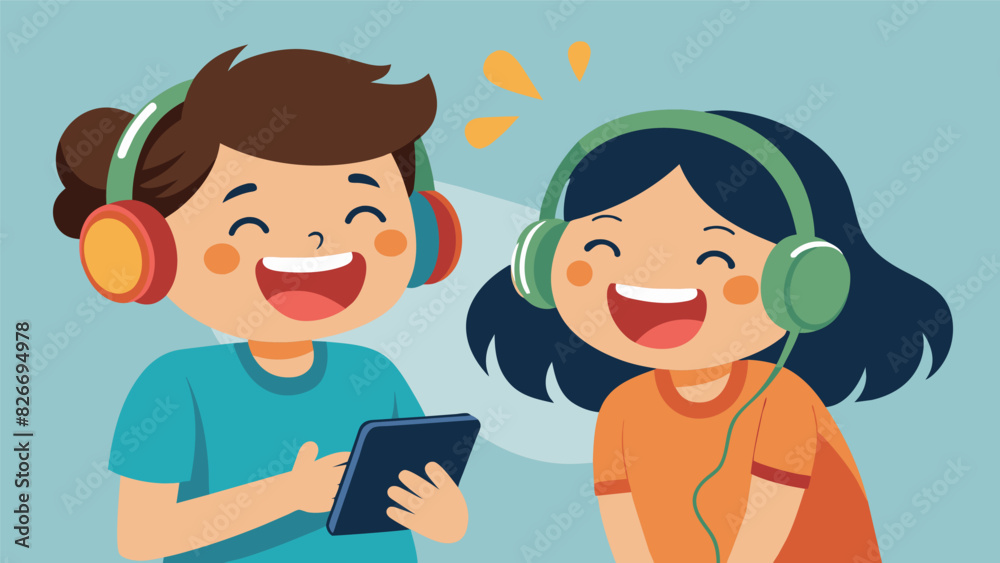 A pair of siblings share headphones as they take turns listening to a digital story together giggling at the funny voices and sound effects.. Vector illustration A pair of siblings share headphones as they take turns listening to a digital story together giggling at the funny voices and sound effects.. Vector illustration