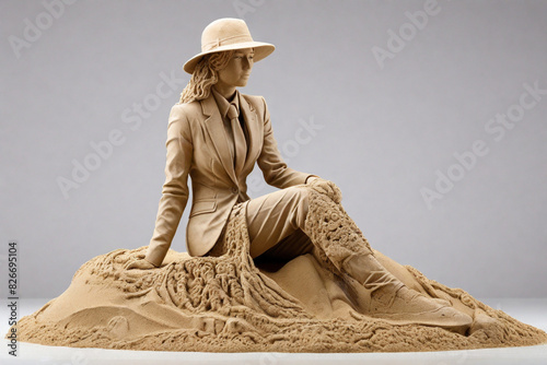 Sand Sculpture Woman Wearing Hat and Business Suit at the Beach - Holiday Theme.