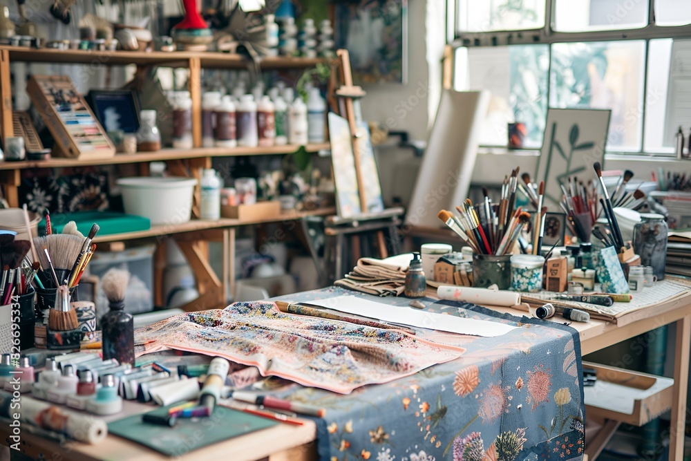 Art supplies and brushes on a creative studio workspace