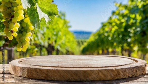 base arredondada de madeira para produto, em frente a bela plantação de uvas