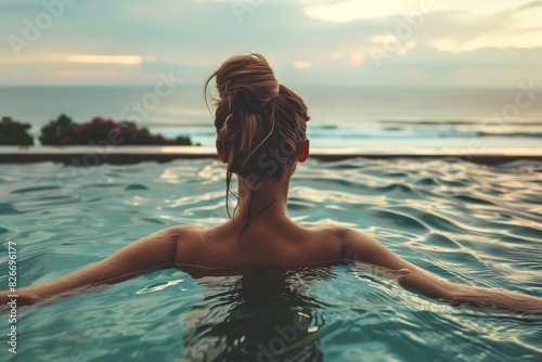 In the serene setting of an infinity pool by the ocean at sunset  a woman finds peace  ideal for a luxurious tropical retreat. This idyllic scene radiates tranquility and rejuvenation