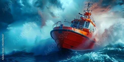 Rescue Boat in the Blue Ocean During a Stormy Operation. Concept Water Rescue, Emergency Response, Stormy Seas, First Responder, Marine Safety photo