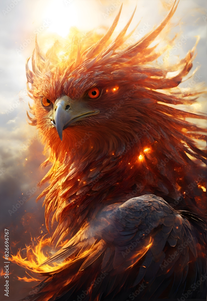 portrait of flaming burning Phoenix bird against clouds sky background. Digital artwork. AI generated