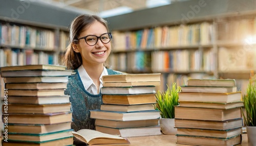estudante com muitos livros na biblioteca photo