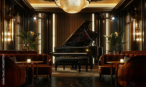 Art Deco Jazz Club with a grand piano, velvet banquettes, brass details, and a jazzy, Art Deco ambiance.