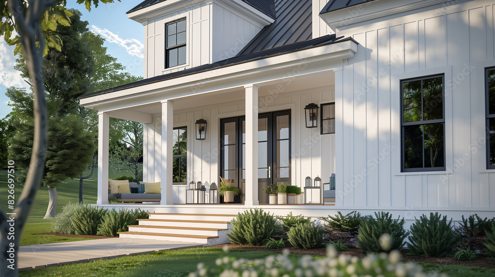Layout of a one-story house with glass windows, a porch, lawns and flowers in front of it. Layout of a one-story house with glass windows, a porch, lawns and flowers in front of it.