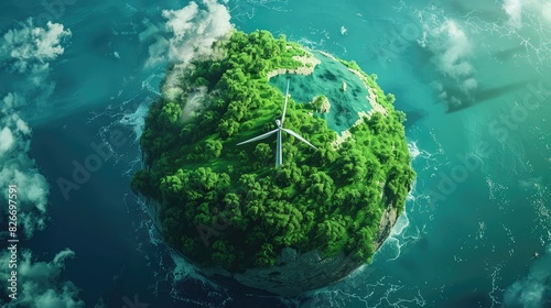 A green globe with a green island and a wind turbine in the middle. Generative AI
