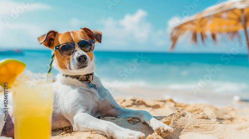 Dog lounging on beach, wearing sunglasses, summer vibes, refreshing drink © GaMe