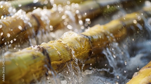 Freshly cut sugarcane stems being washed with water at a plantation, showcasing the early stages of processing on a sunny day. photo