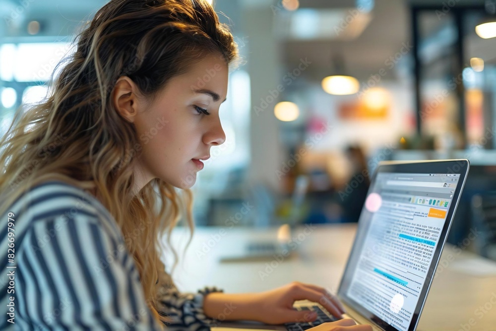 Close-up photo of female Caucasian designer editing sign language text on laptop in office. Close-up photo of female Caucasian designer editing sign language text on laptop in office.