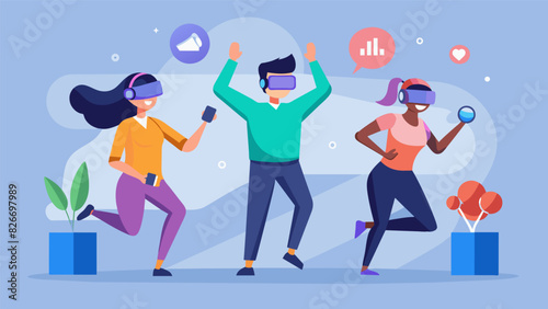 As part of their team building fitness event employees participate in a virtual reality game show where they must complete physical challenges to earn. Vector illustration