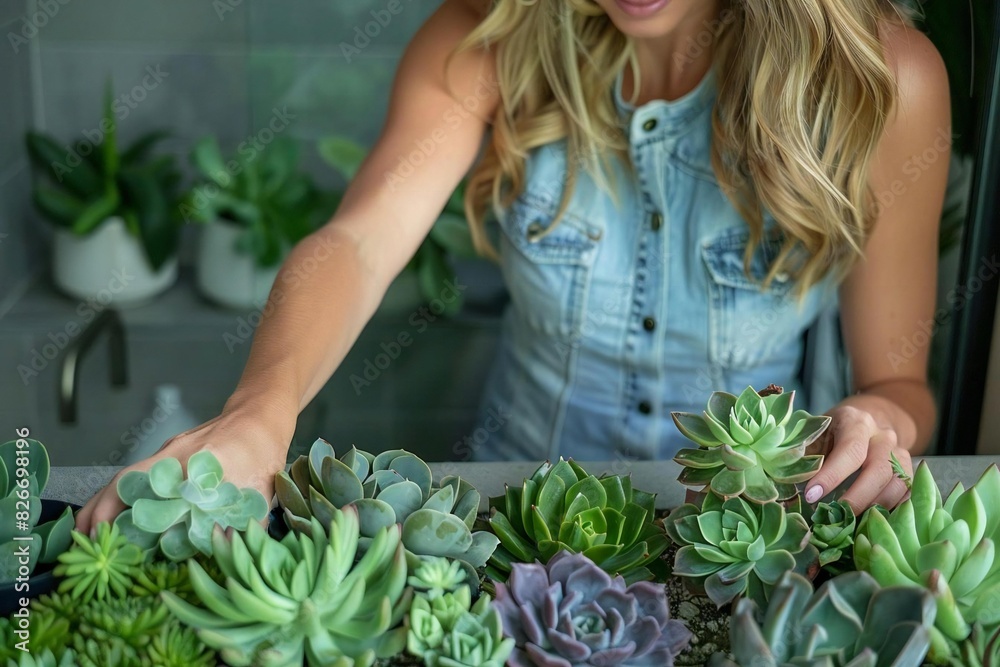 Obraz premium Close-up photo of Caucasian female interior designer arranging succulents in restroom.