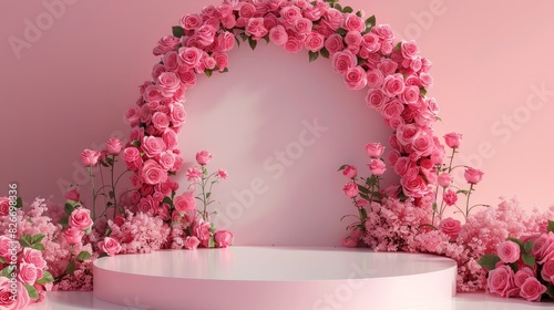Product display podium with a pink rose backdrop
