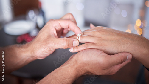 Hand  ring and couple engagement in home for love  commitment and promise for marriage with care or affection. Man  woman and together in house with jewelry for proposal  forever and unity with trust