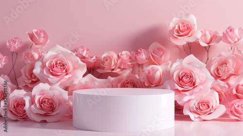 Product display podium with a pink rose backdrop