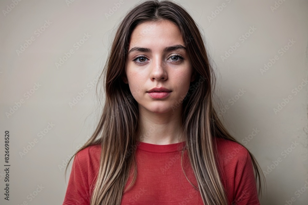 Woman in red shirt showing nose, lips, mouth, smile, jaw, and eyelashes Woman in red shirt showing nose, lips, mouth, smile, jaw, and eyelashes