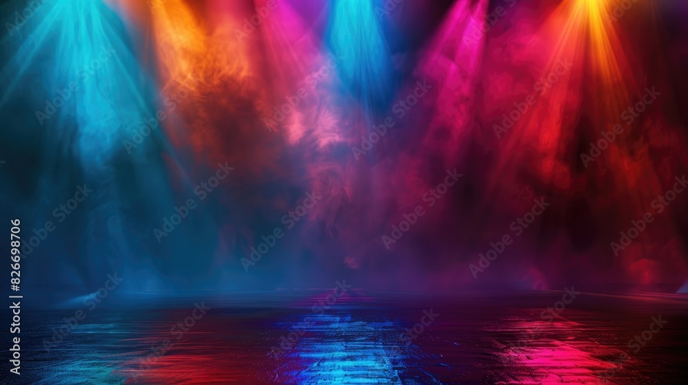 Dark abstract background illuminated by colorful stage spotlights