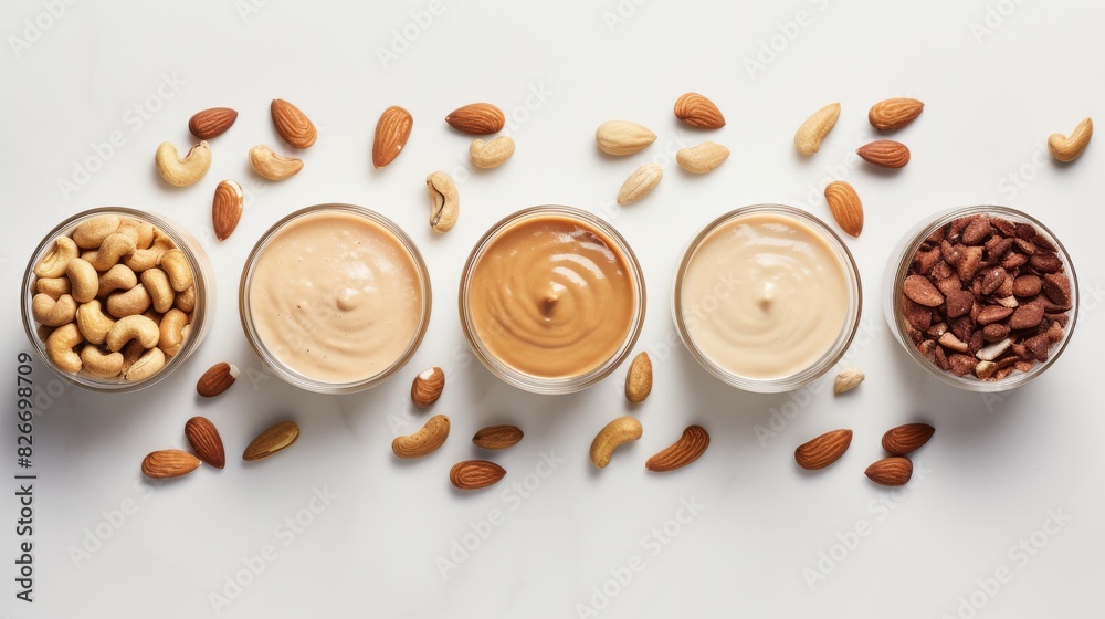 Fototapeta premium Assorted Nut Butters And Their Whole Nut Origins On A White Background. Generative AI
