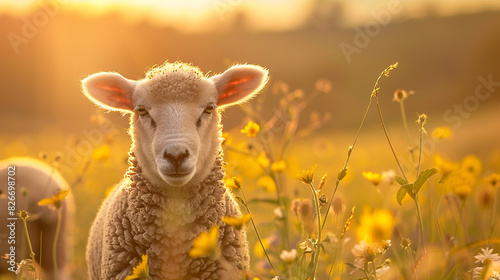 Sheep in a meadow, golden hour, warm sunlight