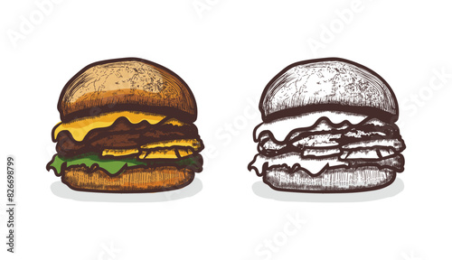 A hand-drawn burger vector illustration. Hand drawing sketch engraving illustration style burger design. Delicious hamburger art.