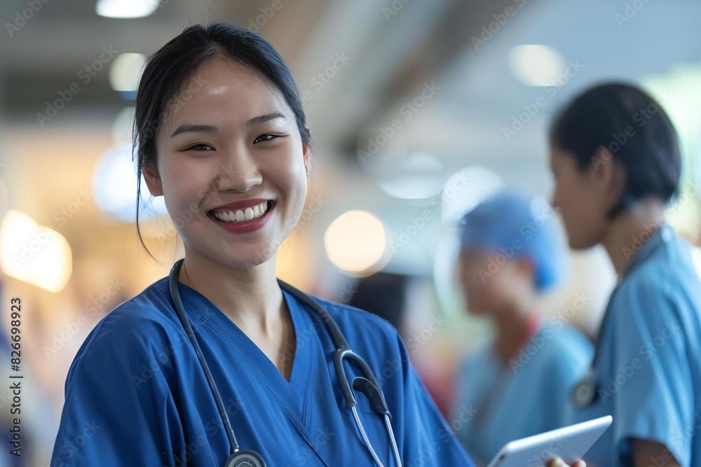 Candid Shots: Full body photo of Asian female nurse networking with doctors using tablet at hospital event. Candid Shots: Full body photo of Asian female nurse networking with doctors using tablet at hospital event.