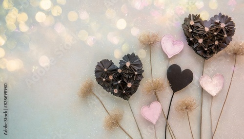 Pleasant pastel tunes background with hearts, dry flowers, and a bokeh effect. t can be used for postcards, presentations, or social media representing concepts of love, st. valentines, handmade, cozi photo