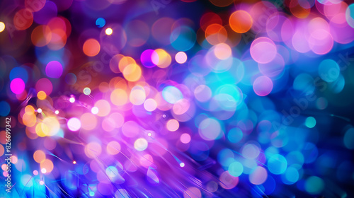 Banner. Evening rays refract, with purple bokeh from fireworks. Blurred multicolored background.