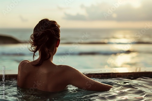 A woman is peacefully relaxing in an infinity pool at sunset  gazing at the ocean horizon. The serene and calming scene offers a breathtaking view  perfect for leisure and tranquility