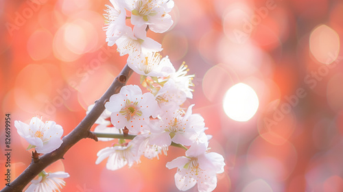 Blooming appricot branch with bokeh in the background in peach tone. Place for text. Spring time (ID: 826699954)