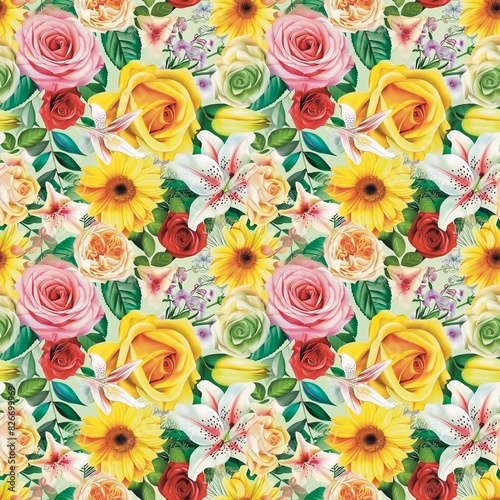 Roses, tulips, orchids, sunflowers, lilies, daisies, daisies, dahlias, parrot watercolor green yellow very beautiful , leaves, colorful textiles, fashion, fabric patterns, seamless, background  photo