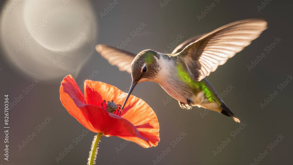 Naklejka premium A mesmerizing dance of a hummingbird hovering over a stunning red poppy.