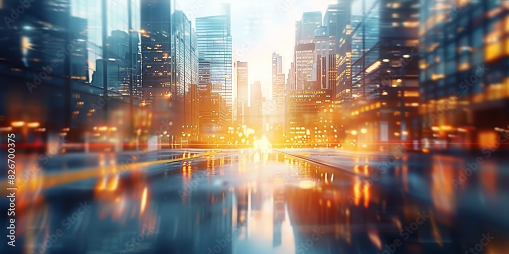 Fototapeta premium The dynamic motion of traffic amid city lights and skyscrapers in a bustling downtown scene.