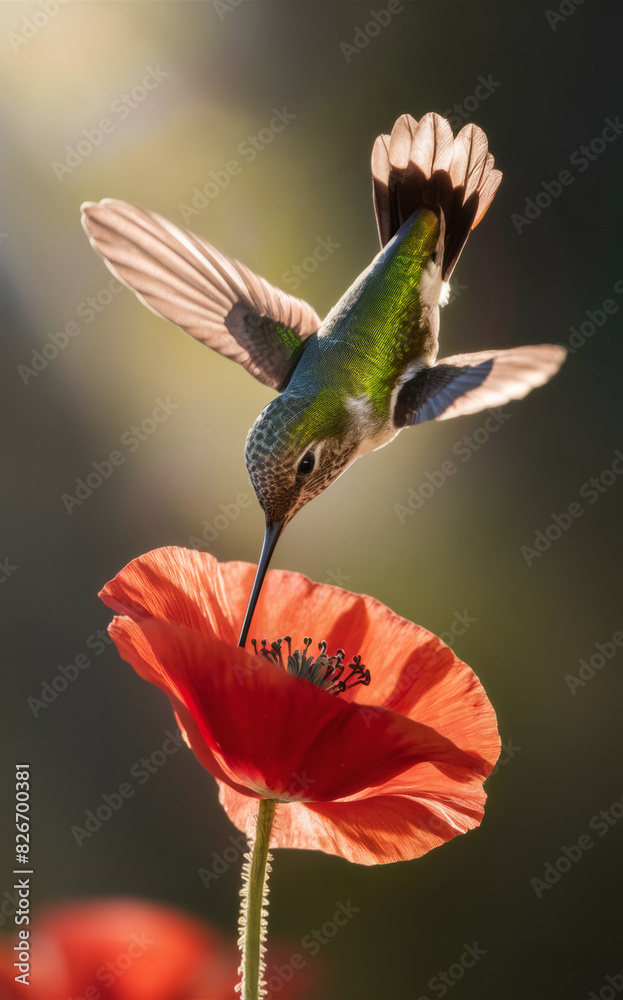 Obraz premium A mesmerizing dance of a hummingbird hovering over a stunning red poppy.