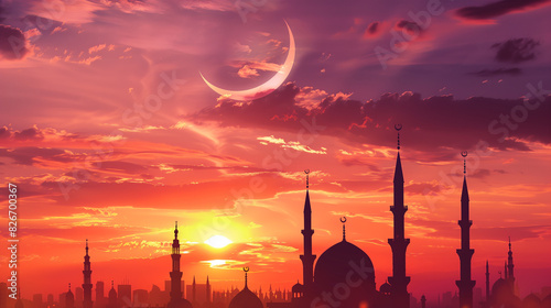 Illustration for Ramadan. Silhouette of mosques at sunset. (ID: 826700367)