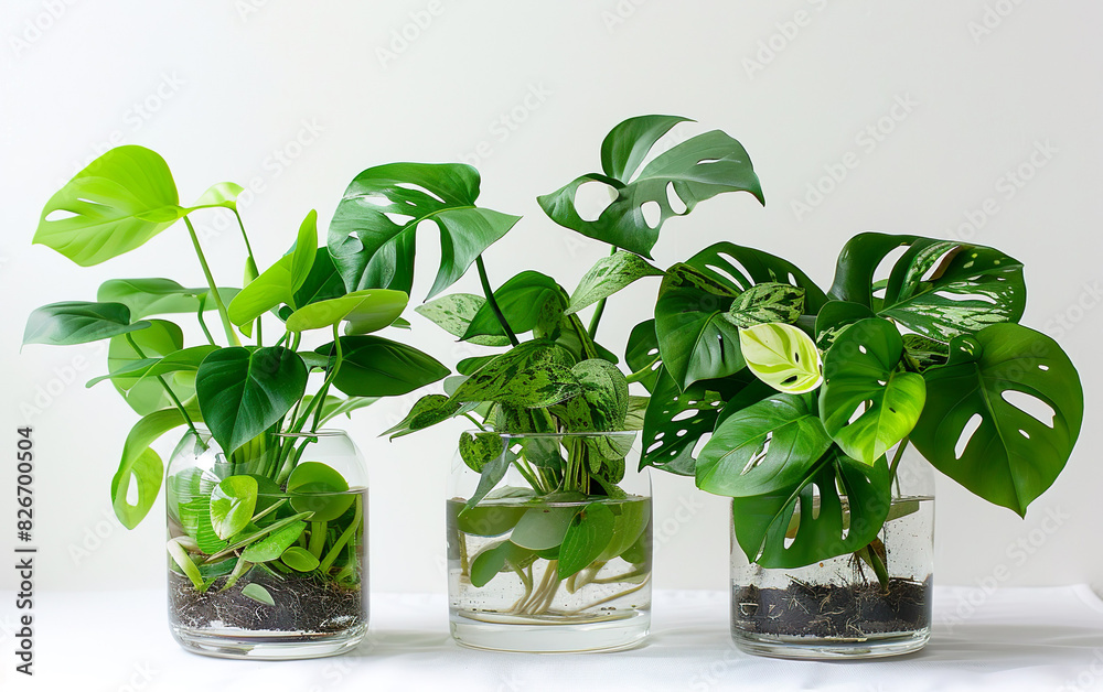 Monstera, pothos, and philodendron in glass jars Monstera, pothos, and philodendron in glass jars