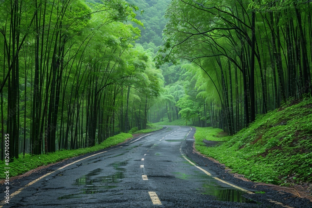 Obraz premium Navigate the wet, tranquil road through a woodland scene, amidst lush foliage and misty beauty.