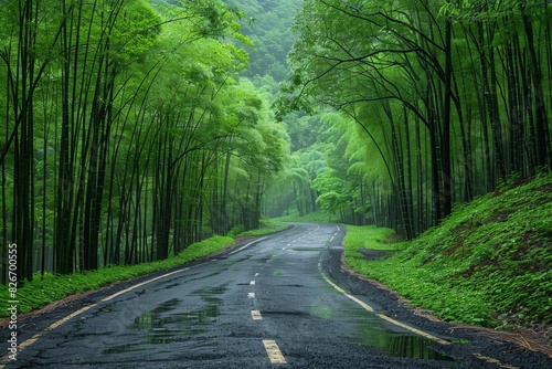 Navigate the wet, tranquil road through a woodland scene, amidst lush foliage and misty beauty.