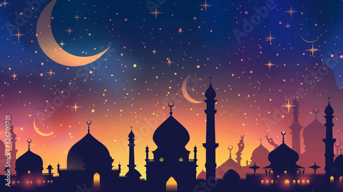 Illustration for Ramadan. Silhouette of mosques at night. Banner (ID: 826700701)