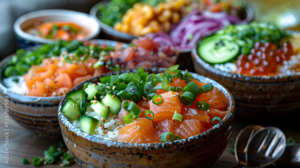 Delicious Tuna Poke Bowls Served in Ceramic Bowls with Vintage Flatware Delicious Tuna Poke Bowls Served in Ceramic Bowls with Vintage Flatware