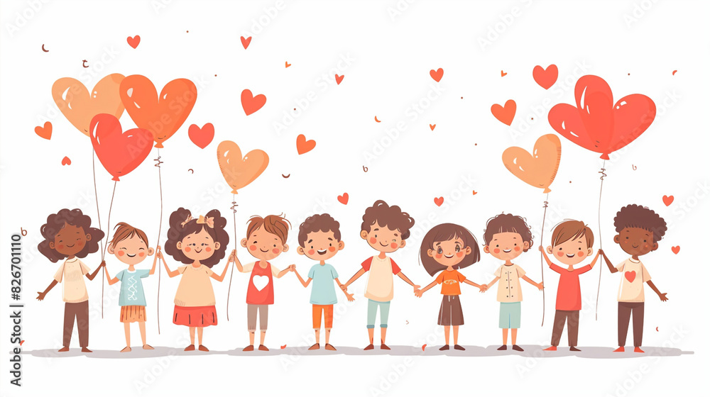 Happy children holding heart-shaped balloons, colorful illustration, cute cartoon style Happy children holding heart-shaped balloons, colorful illustration, cute cartoon style