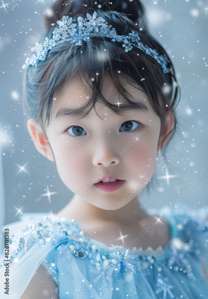 Asian Girl in Blue Princess Dress with Snowflakes
Asian Girl in Blue Princess Dress with Snowflakes