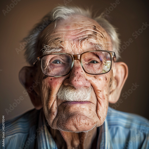 Portrait of an elderly centenarian pensioner man wearing glasses and a blue checkered shirt against the background of a home interior. Square frame. (ID: 826701344)