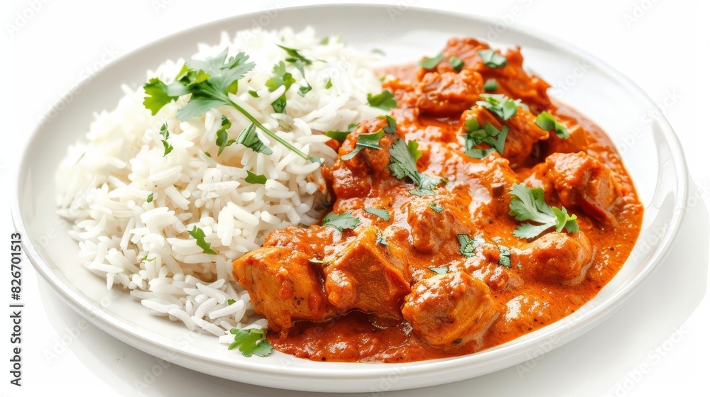 spicy chicken tikka masala curry with basmati rice traditional indian meat dish on white plate delicious food isolated spicy chicken tikka masala curry with basmati rice traditional indian meat dish on white plate delicious food isolated