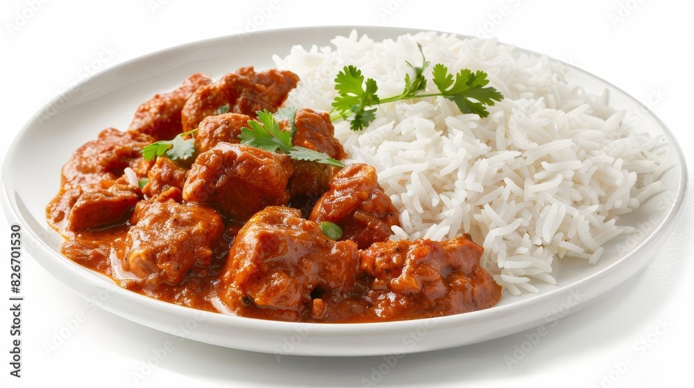 spicy chicken tikka masala curry with basmati rice traditional indian meat dish on white plate delicious food isolated spicy chicken tikka masala curry with basmati rice traditional indian meat dish on white plate delicious food isolated