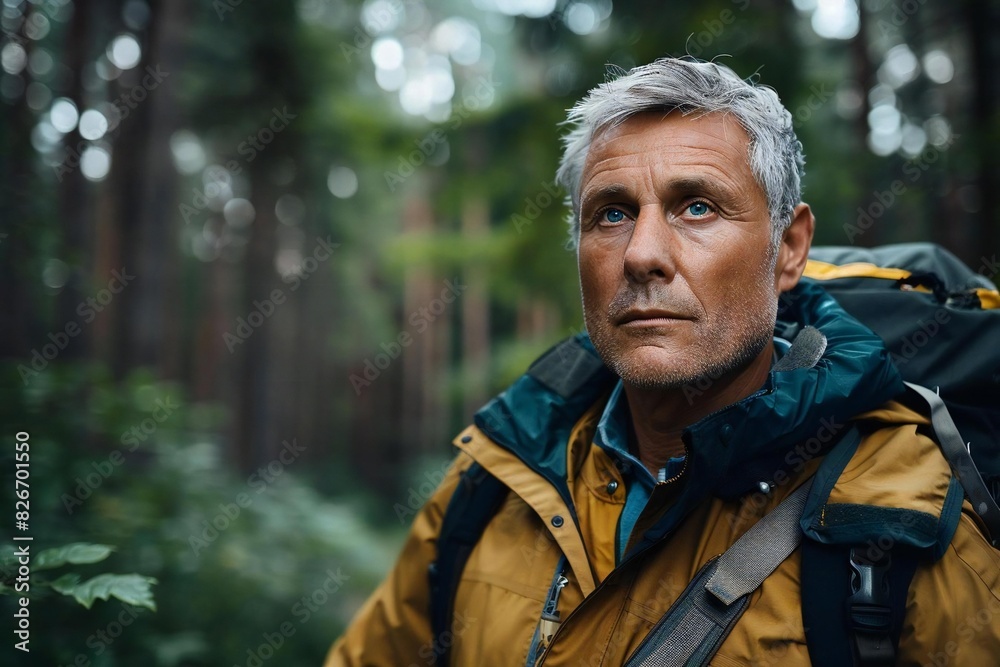 Full body photo of mature male Caucasian coach exploring the great outdoors using a hiking backpack in a forest setting.