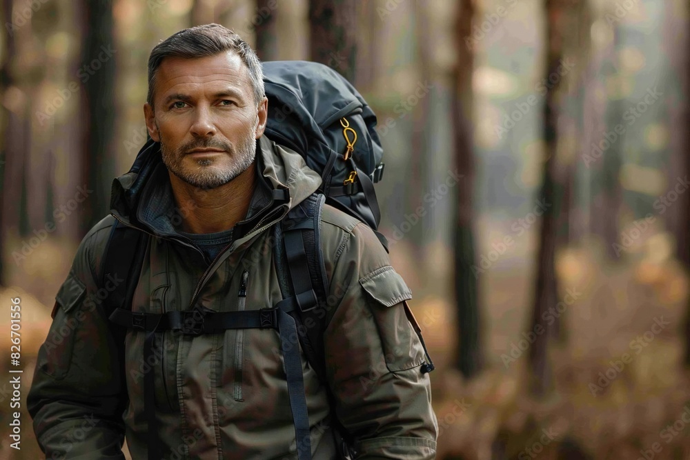 Full body photo of mature male Caucasian coach exploring the great outdoors using a hiking backpack in a forest setting.