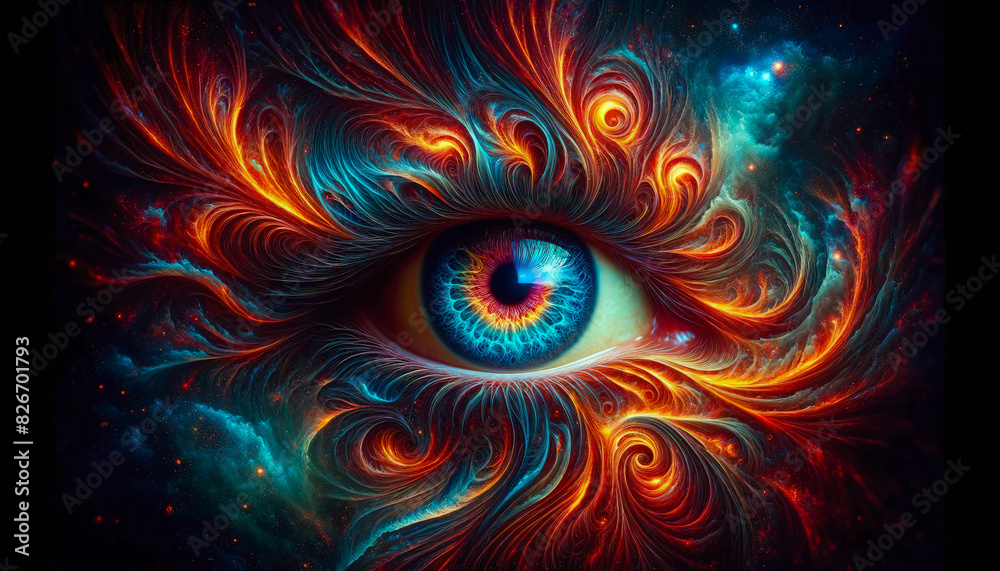 Vivid Surreal Third Eye With Bright Blue Iris And Fiery Patterns In Cosmic Art Ai Generated Vivid Surreal Third Eye With Bright Blue Iris And Fiery Patterns In Cosmic Art Ai Generated