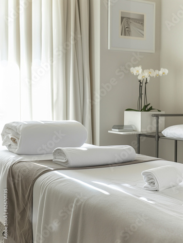 Fragment of a spa salon or massage room. A bed covered with sheets, face towels in a basket, candles. A warm atmosphere. (ID: 826701735)