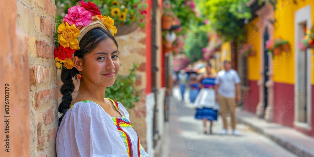 Mexican woman in vibrant traditional patterned clothing - cultural identity - folk wear - traditional Mexican attire
