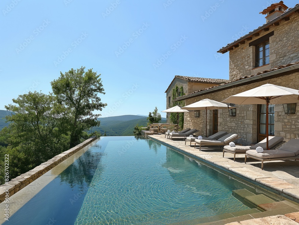 A large pool with a stone house in the background. The pool is surrounded by several umbrellas and lounge chairs